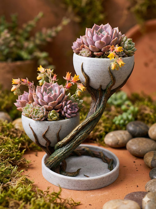 Two-Tier Succulent Planter – Marble Effect 3D Printed Tree Branch Pot