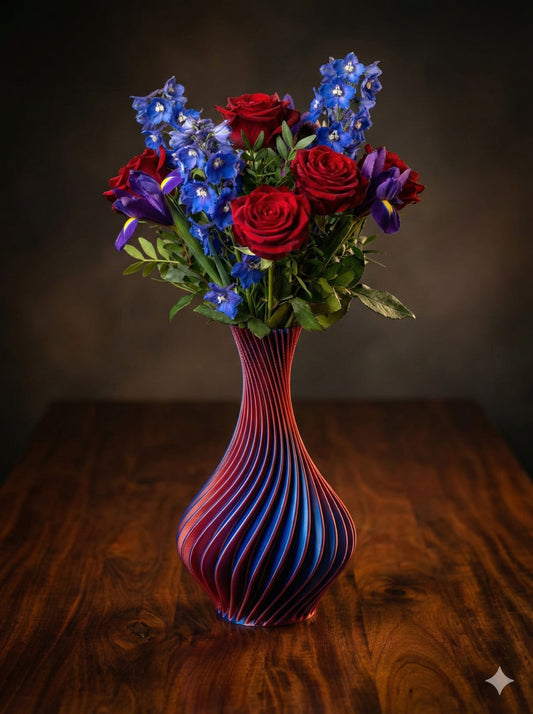 Modern 3D Printed Spiral Vase - Red and Blue Gradiant Twist Design - Home Decor Centerpiece